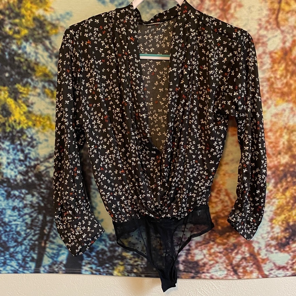 NWOT Free People Black/white/red silky feel deep V Bodysuit with butterflies
